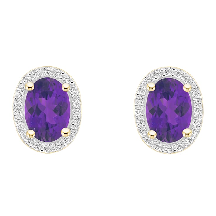 7x5mm Oval Amethyst And Created White Sapphire 10k Yellow Gold Halo Stud Earrings