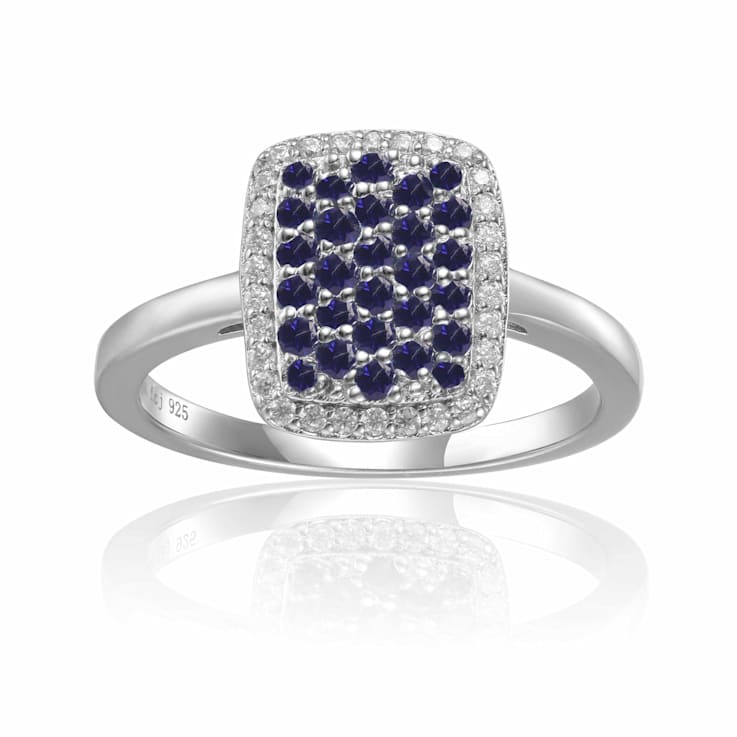 Blue Sapphire and Moissanite Sterling Silver Rectangle Cluster Ring