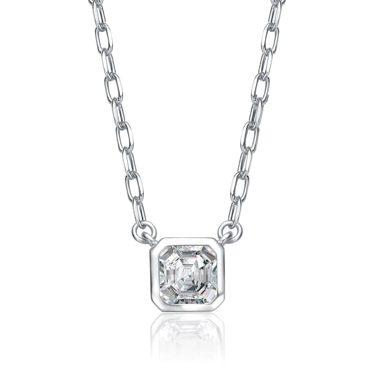 Square CZ Bezel Solitaire Pendant In Rhodium Over Brass 16 Inch