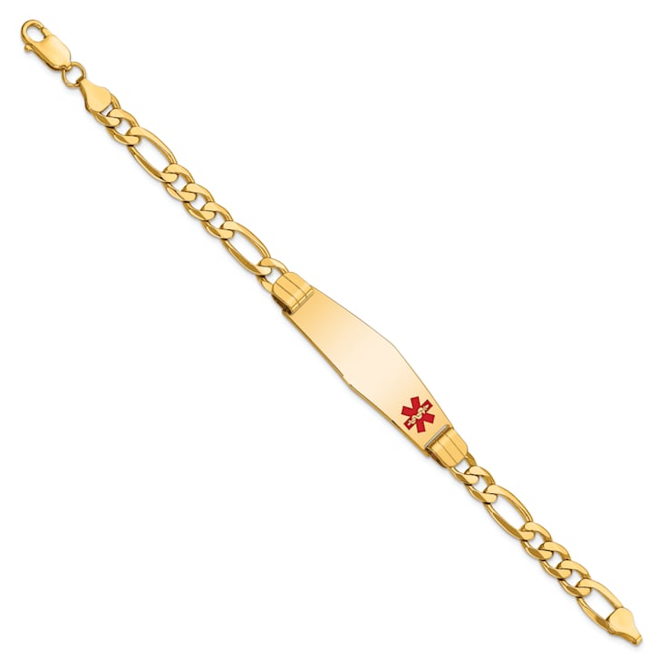 14k Yellow Gold Medical Soft Diamond Shape Red Enamel Flat Figaro Link
ID Bracelet