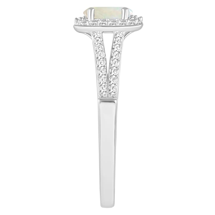 6x4mm Oval Opal 1/4 ctw Diamond Rhodium Over Sterling Silver Halo Ring