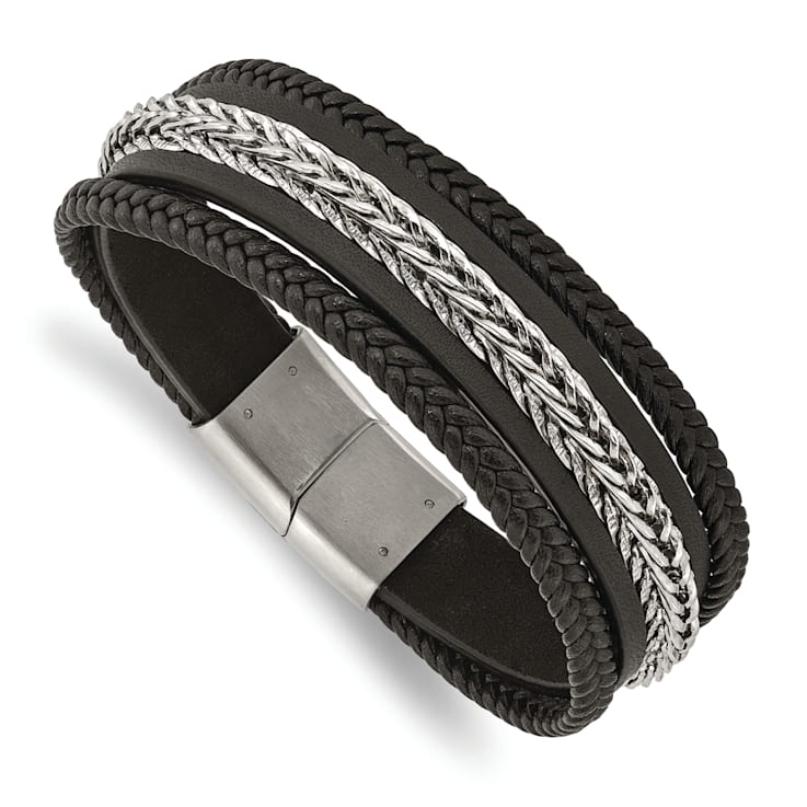 Black Leather and Stainless Steel Polished Multi-Strand 8.5-inch Bracelet