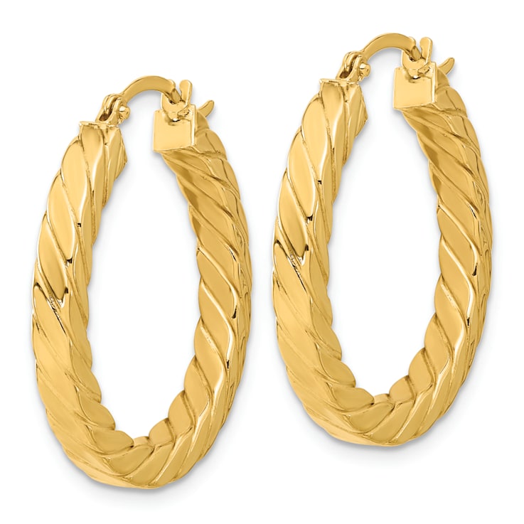 14k Yellow Gold Polished and Twisted 1 1/8" Square Tube Hoop Earrings