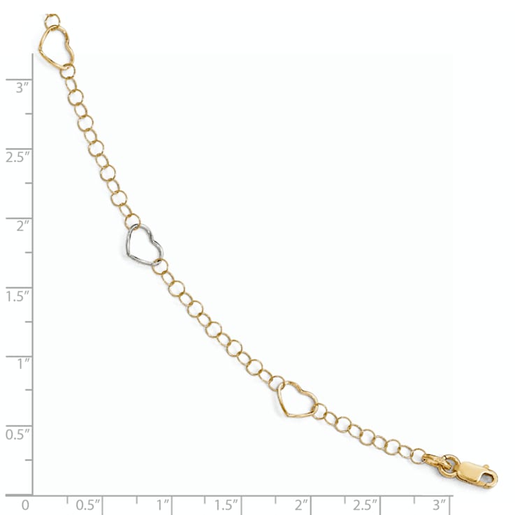 14K Two-tone Polished Heart with 1-inch Extension Anklet