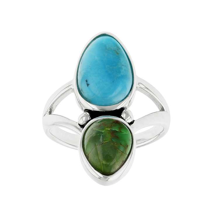 Blue And Green Turquoise Two-Stone Ring In Sterling Silver
