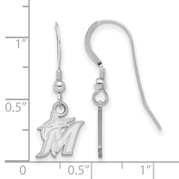 Rhodium Over Sterling Silver MLB LogoArt Miami Marlins Dangle Earrings