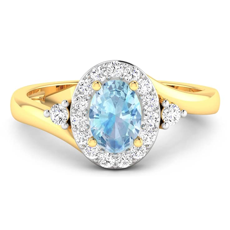 Oval Blue Aquamarine and Diamond 14K Yellow Gold Halo Ring 0.78 ctw