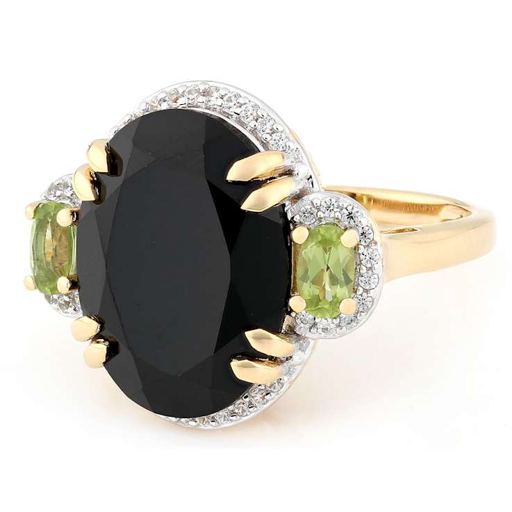 Black Spinel, Peridot And White Zircon Ring In 18K Gold Over Sterling
Silver 10.09ctw
