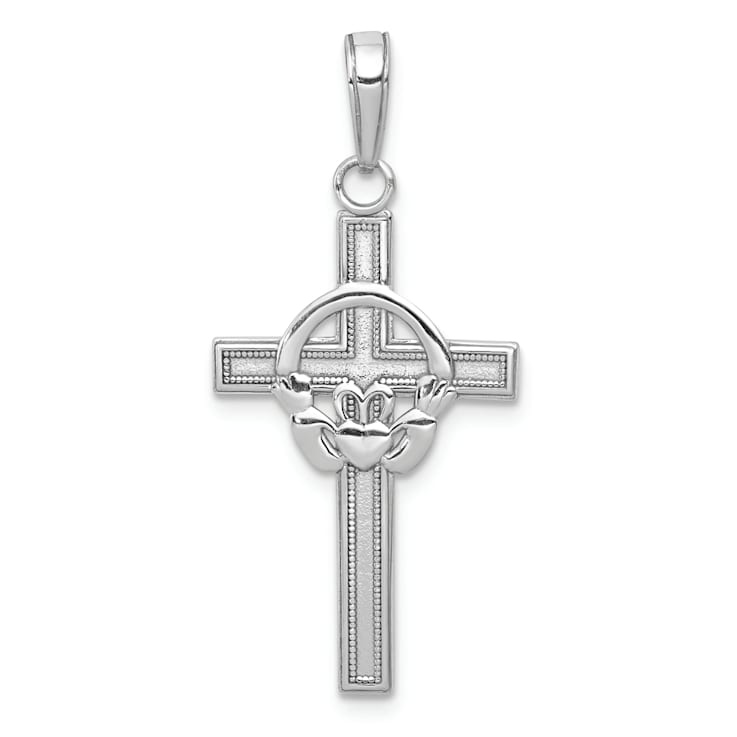 Rhodium Over 14K White Gold Polished Claddagh Cross Pendant