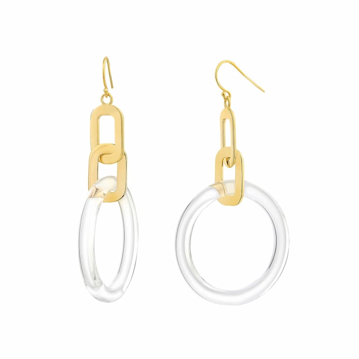 14K Yellow Gold Over Sterling Silver Acrylic Dangle Link Earrings in Clear