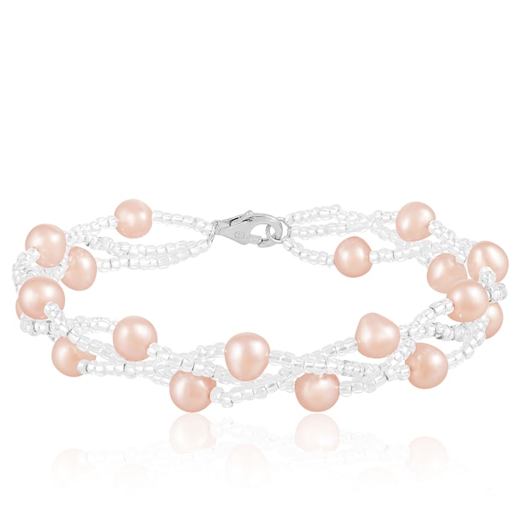 6-7mm Pink Cultured Freshwater Pearl Silver  Bracelet