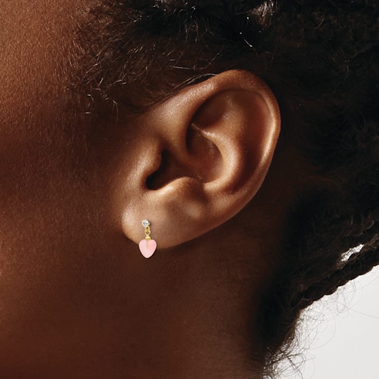 14k Yellow Gold Heart Shape Pink Opal Simulant and Cubic Zirconia Dangle
Post Earrings