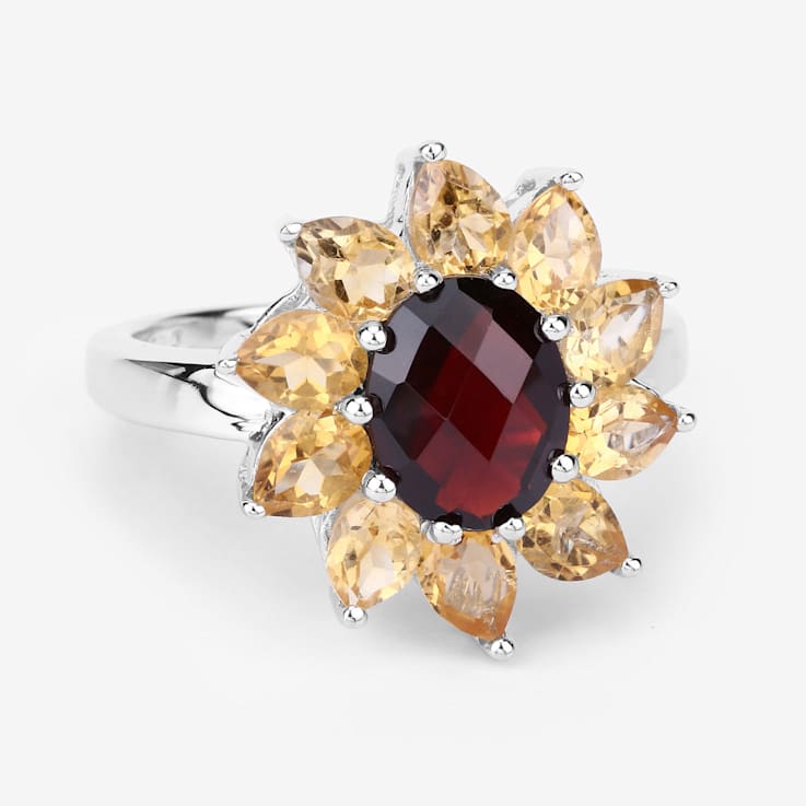 Red Garnet and Yellow Citrine Rhodium Over Sterling Silver Oval Floral
Cocktail Ring 5.5ctw
