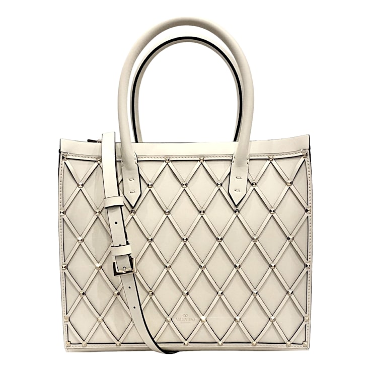 Valentino Garavani Beehive Lattice Ivory Studded Leather Crossbody Tote Bag 163MWA