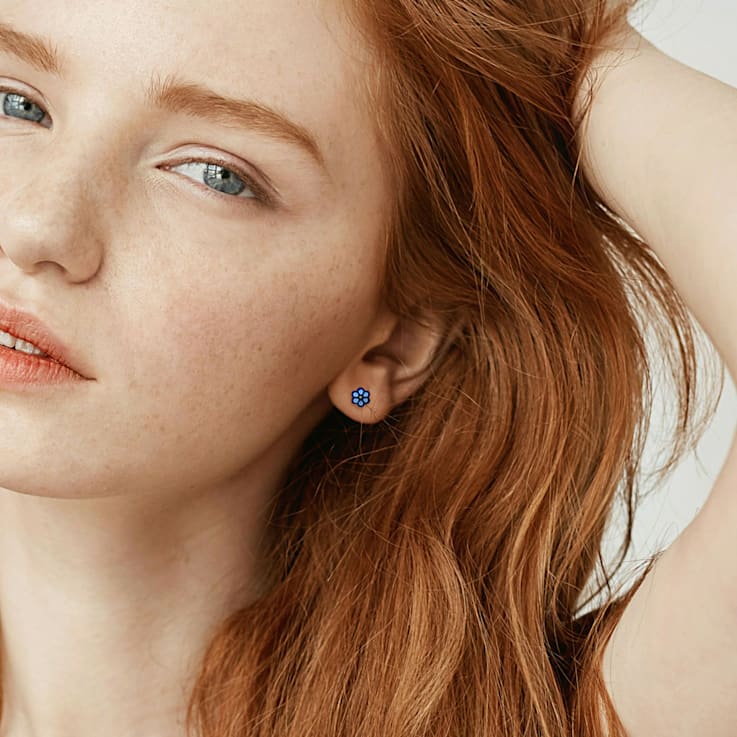 Children's Blue Enamel Flower Stud Earrings in Sterling Silver