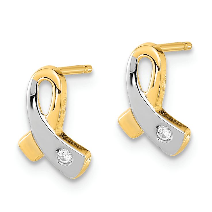 14k Two-tone  Gold Cubic Zirconia Awareness Stud Earrings