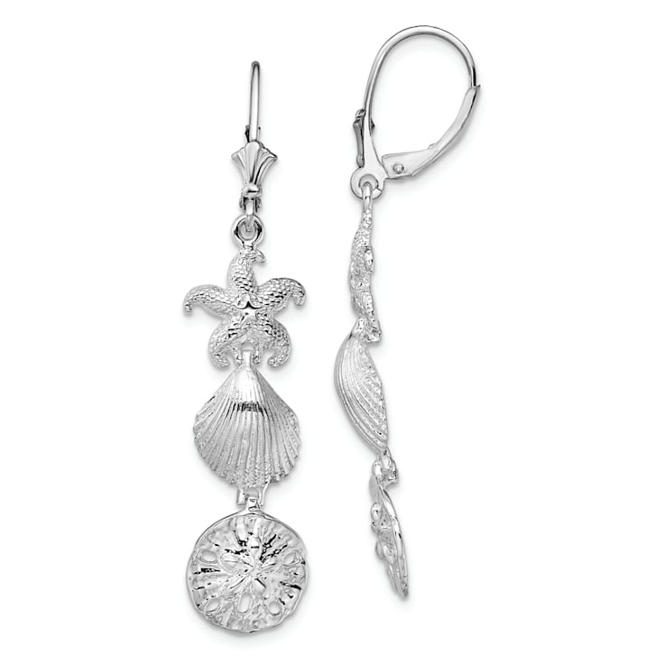 Rhodium Over Sterling Silver Polished Sea Life Leverback Earrings