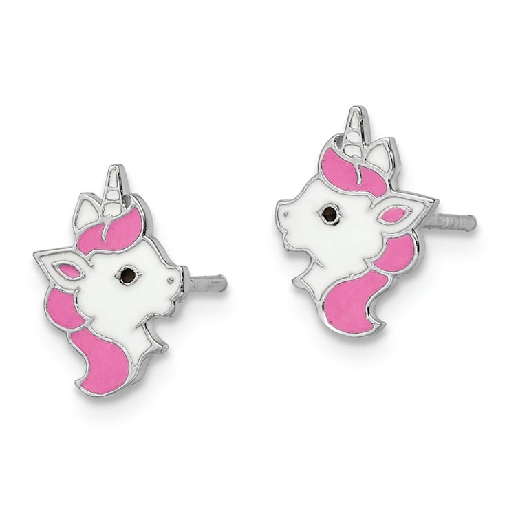 Rhodium Over Sterling Silver Enamel Unicorn Post Earrings