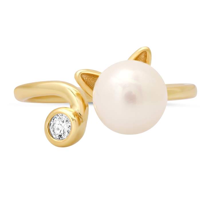 White Cubic Zirconia and 8mm Cultured Freshwater Pearl 14k Yellow Gold
Over Silver Cat Ring 0.10ctw