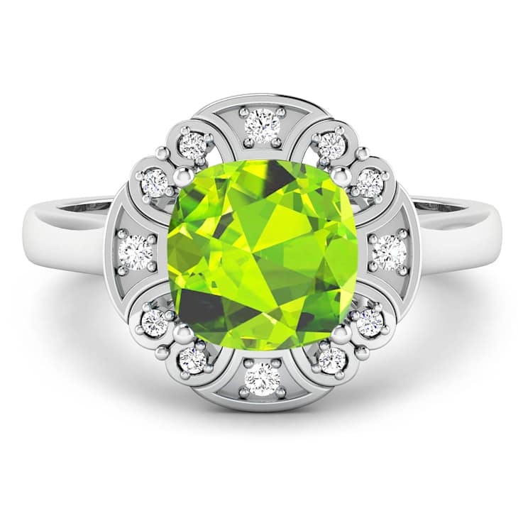 Green Peridot and White Diamond 14K White Gold Halo Ring 2.11 ctw