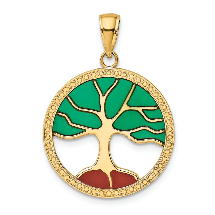 14k Yellow Gold Textured Enameled Tree of Life Pendant