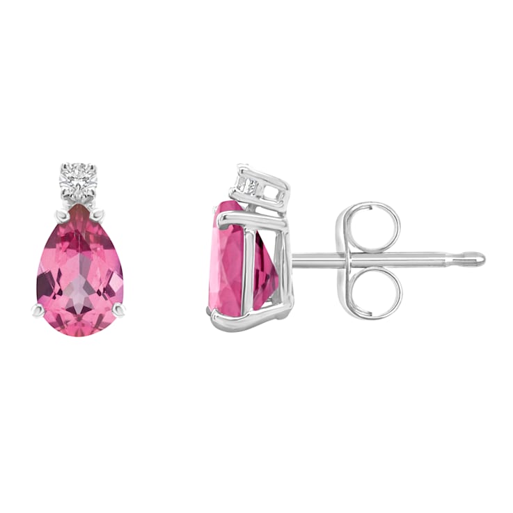 6x4mm Pear Shape Pink Topaz with Diamond Accents 14k White Gold Stud Earrings
