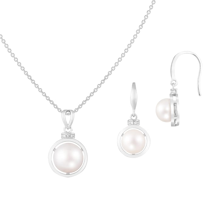 7½-10mm Button White Freshwater Pearl and CZ Rhodium Over Sterling
Earring and Pendant W/Chain Set