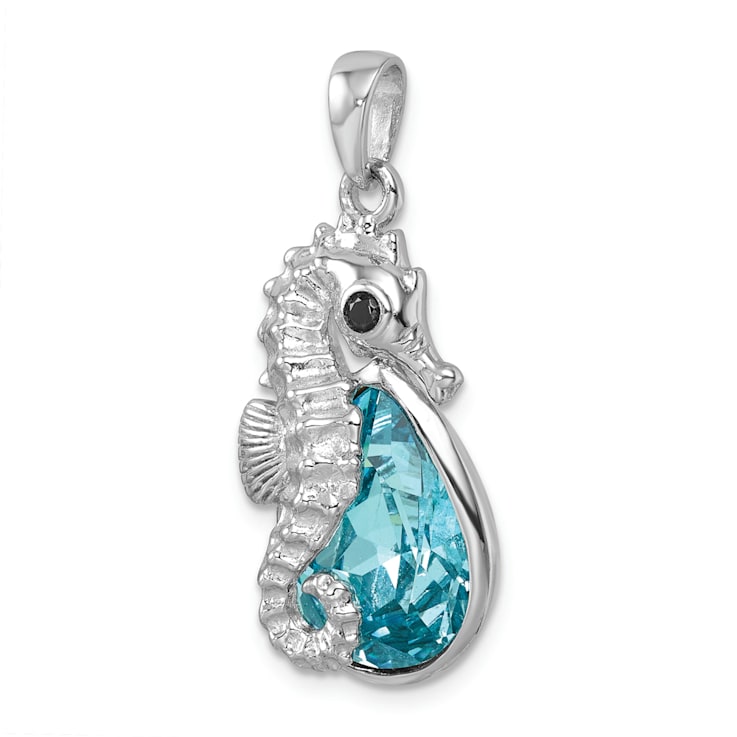 Rhodium Over Sterling Silver Crystal Background Seahorse Pendant