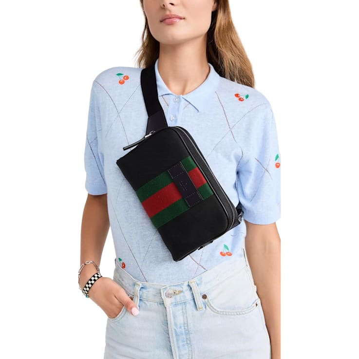 Gucci Techno Web Stripe Black Canvas Leather Trim Waist Belt Bag 1B872A
