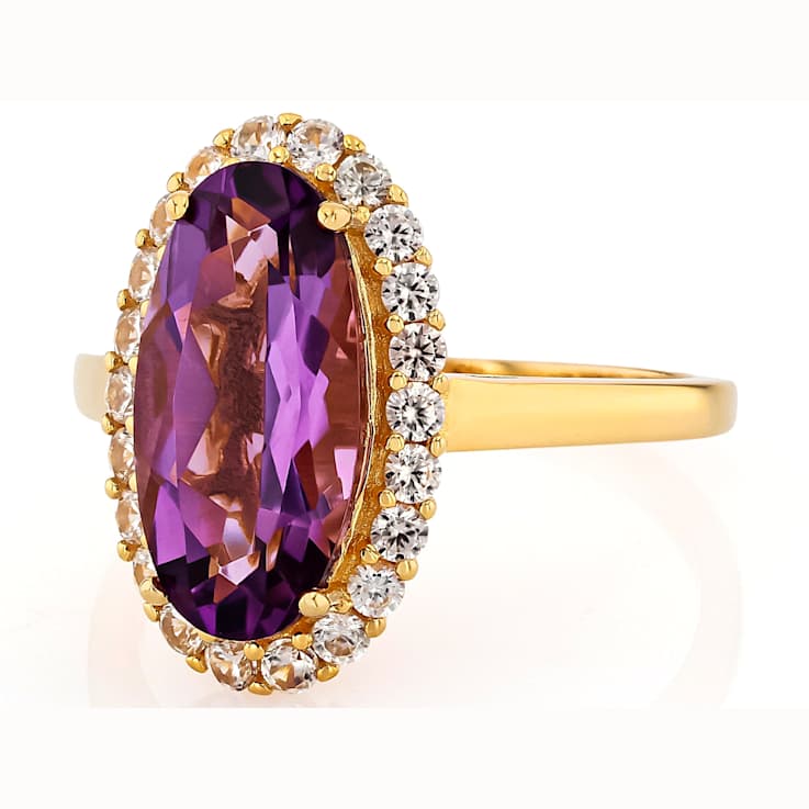 Amethyst Oval And White Zircon Ring In 18K Gold Over Sterling Silver 3.02ctw