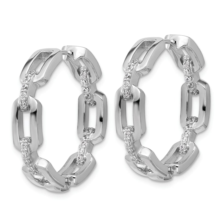 Rhodium Over Sterling Silver Cubic Zirconia Link In/Out Hinged Round
Hoop Earrings