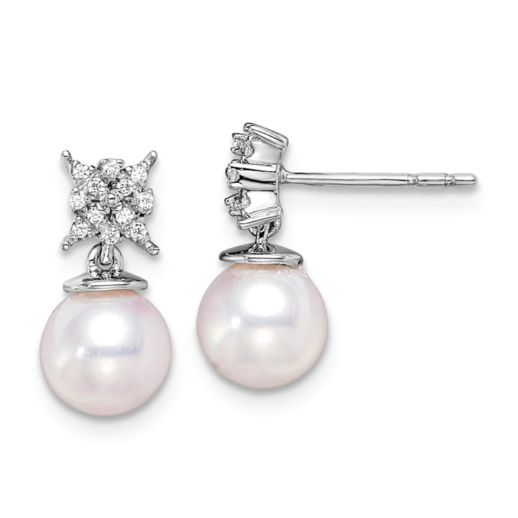Rhodium Over 14K White Gold Freshwater Cultured Pearl and Diamond Post Earrings