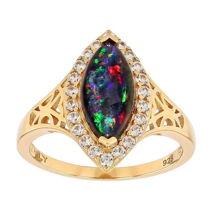 Black Opal Marquise And White Zircon Ring In 18K Gold Over Sterling
Silver 1.17ctw