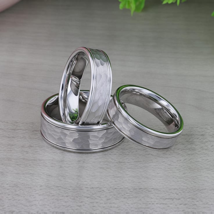 THORNTON Hammered Finish White Tungsten Carbide Wedding Band with Offset
Grooves/Polished Edges 6mm