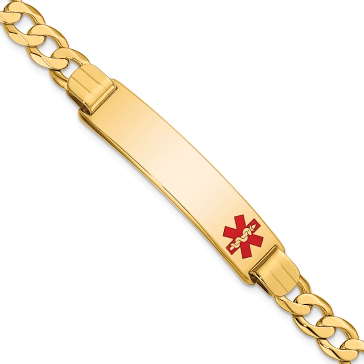 14k Yellow Gold Medical Red Enamel Curb Link ID Bracelet