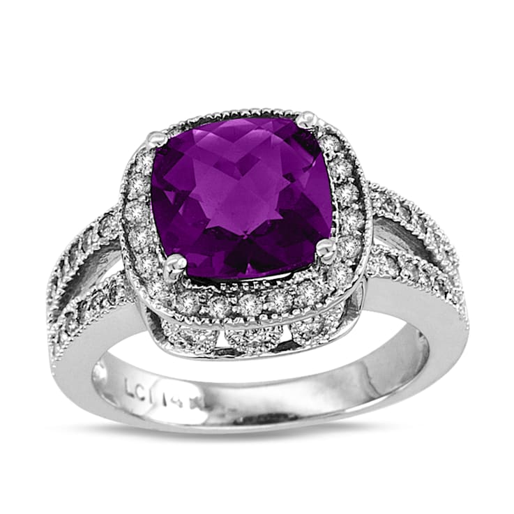 9mm Cushion Amethyst with Diamond Accents 14k White Gold Halo Split
Shank Ring 0.50ctw