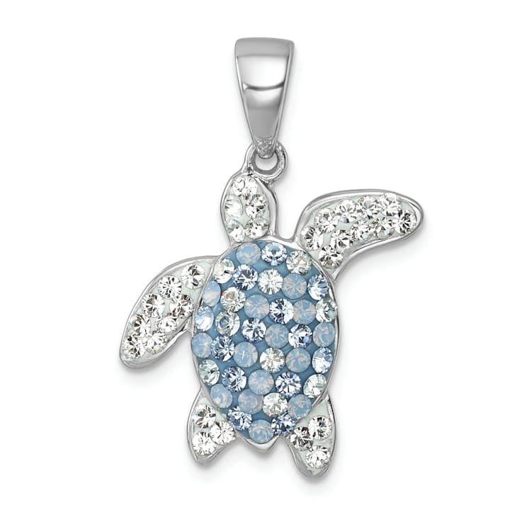 Rhodium Over Sterling Silver Polished Crystal Turtle Pendant