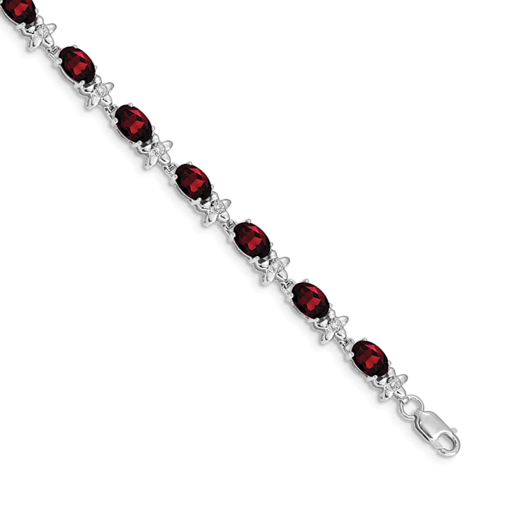 Rhodium Over 14k White Gold Floral Diamond and Garnet Bracelet
