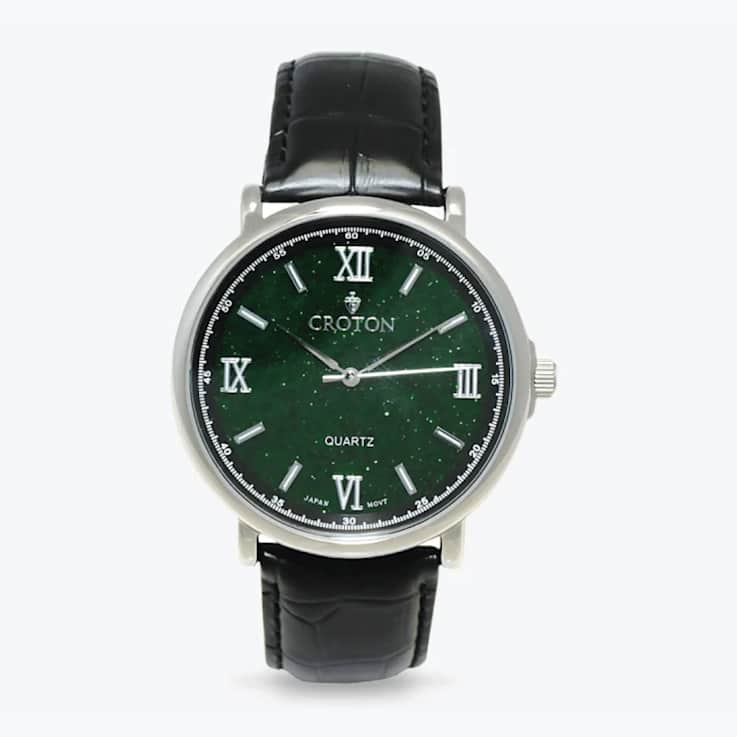Croton Stainless Steel Quartz Watch with Green Glass Dial and Leather Strap