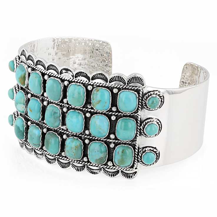 Turquoise Oversized Oxidized Cuff Bracelet In Sterling Silver 8x6mm And 4mm