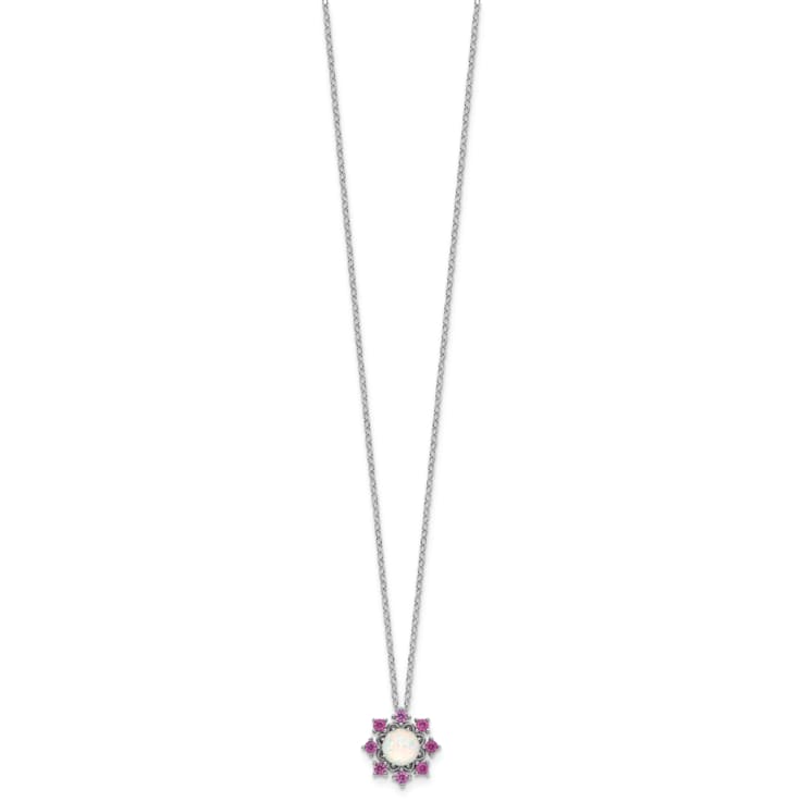 Rhodium Over Sterling Silver Lab Created Opal and Pink Crystal Flower Necklace