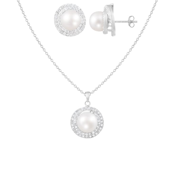 8½-9mm Button White Freshwater Pearl and CZ Rhodium Over Sterling
Earring and Pendant W/Chain Set