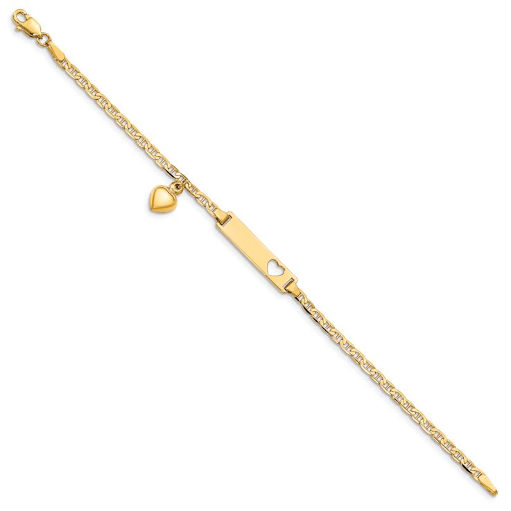 10k Yellow Gold Children's Flat Mariner Link ID with Dangling Heart Bracelet