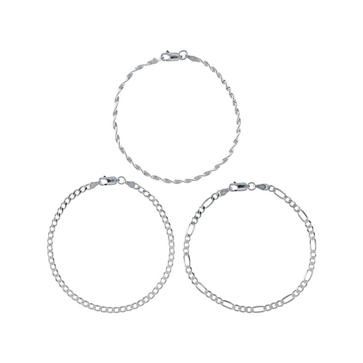 Curb, Figaro And Twisted Herringbone Bracelet Set Of 3 In Sterling
Silver 7.25 Inch