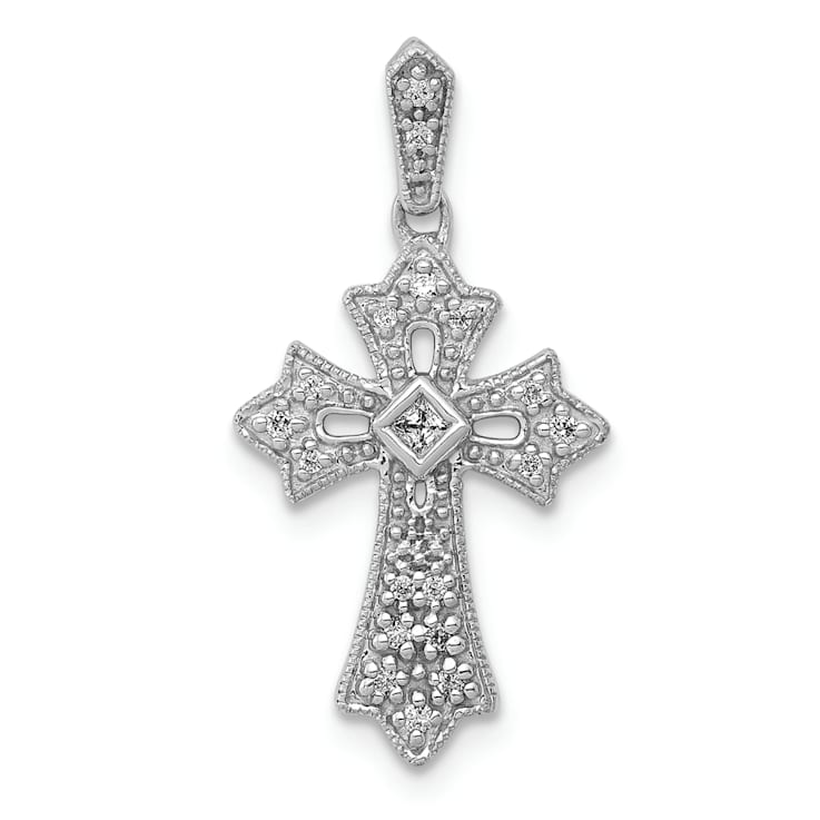 Rhodium Over 14k White Gold Textured Diamond Fancy Cross Pendant