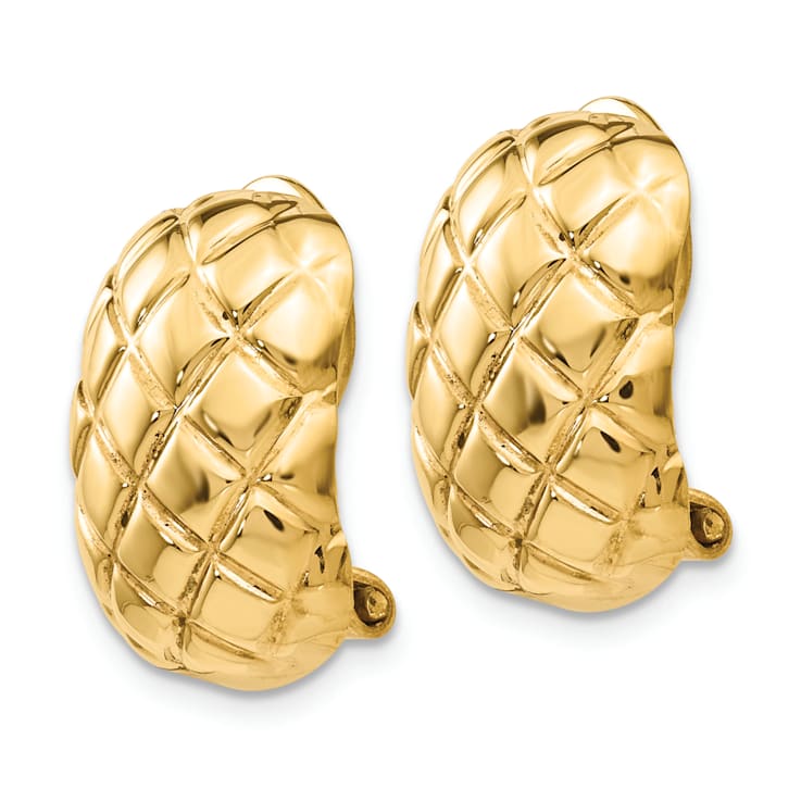 14k Yellow Gold Polished and Textured Quilted Non-Pierced Stud Earrings