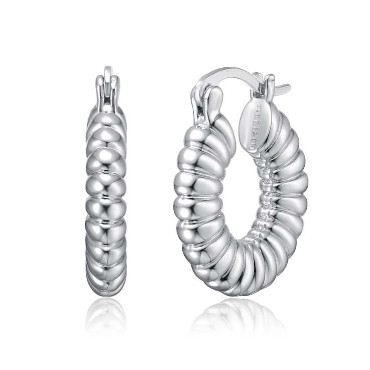 Ribbed Tubular Hoop Earrings In Rhodium Over Brass