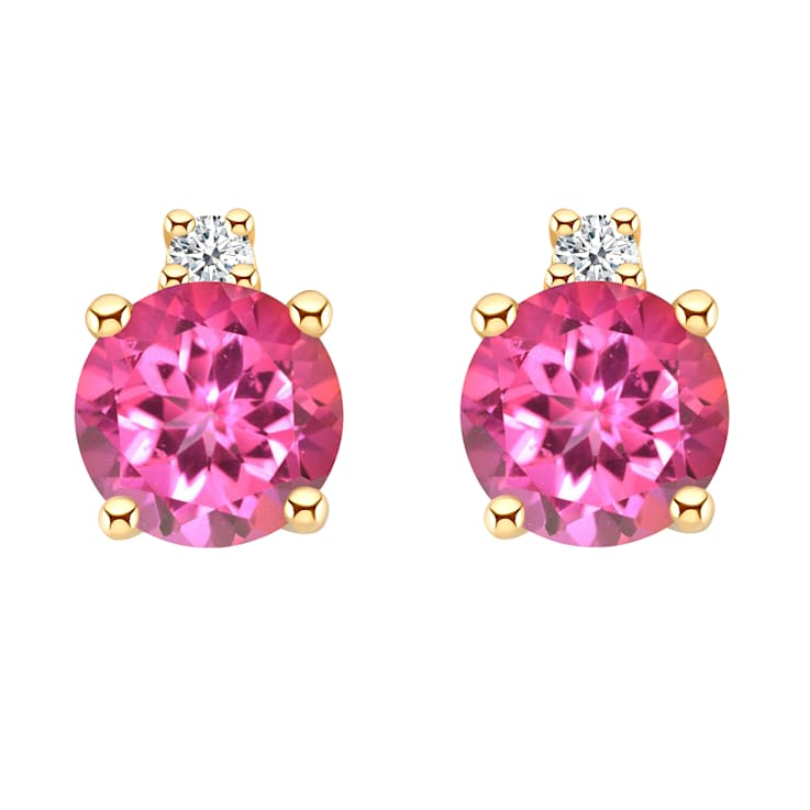 4mm Round Pink Topaz with Diamond Accents 14k Yellow Gold Stud Earrings