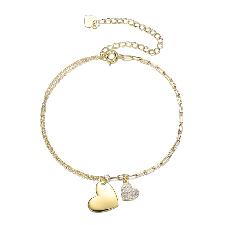 CZ Heart Charm Bracelet In 14K Gold Over Brass