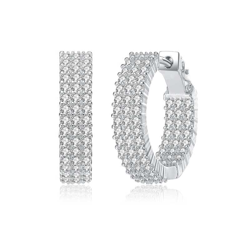 Triple-Row Pave CZ Inside-Out Hoop Earrings In White Rhodium Over Brass